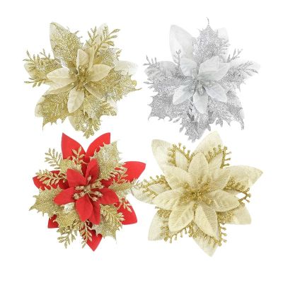 5/10PCS Christmas Glitter Artificial Poinsettia Flowers Artificial Xmas Tree Decor For Home Party 2023 Navidad New Year Ornament
