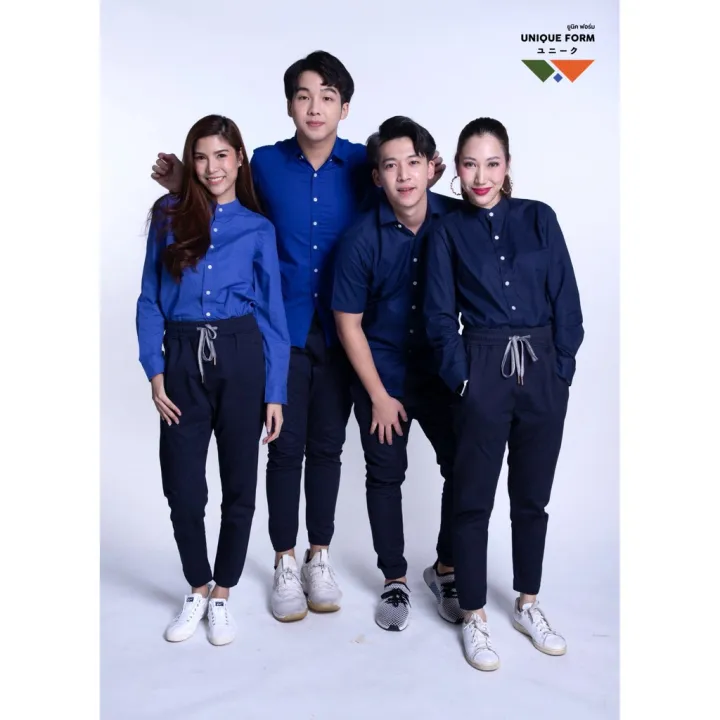 uniqueform-เสื้อเชิ้ต-แขนสั้น-คอจีน-คอปก-สีมิกซ์น้ำเงิน-กรม-mix-classic-blue-pure-oxford-shirt