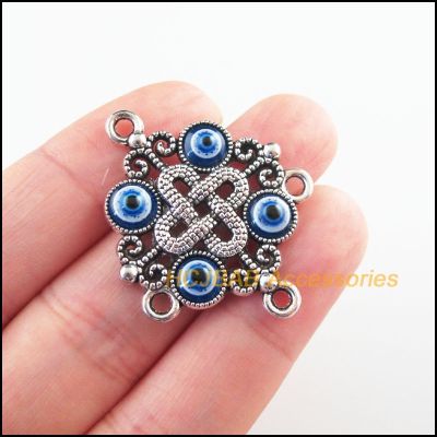 【CW】 Fashion 6Pcs Tibetan Silver Plated Flower Chinese Knot Round Eye Resin Charms Connectors 30x37mm