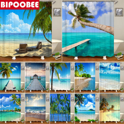 High Quality Sunny Beach Printed Fabric Shower Curtains Sea Scenery Bath Screen Waterproof Products Bathroom Decor with 12 Hooks