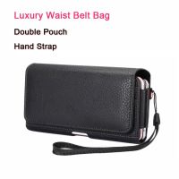 Dompet kartu kulit kantung ganda 2 casing jepit sabuk ponsel untuk sarung tas pinggang pria iPhone Samsung Galaxy Xiaomi Redmi Huawei