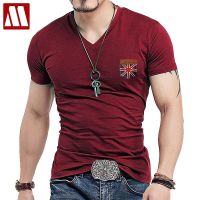 Mens Fashion UK Union Flag Leather Short Sleeve T-shirt Men Casual Slim Shirt V Neck Hommre mock pocket Tees shirts Big Size 3XL