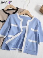 ☼ Korean O-neck Short Sleeve Cardigan Coat suspenders Knitted Womens Peice Sets Hit Color Streetwear 2 Piece