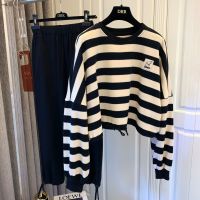 Korobov Korean Streetwear Striped Women Hoodies New O Neck Long Sleeve Harajuku Sweatshirts Japanese Kawaii Crop Hoodie