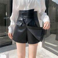 Leather Skirts with 3 buttons cross-legged fake cross-legged skirt with zipper on back