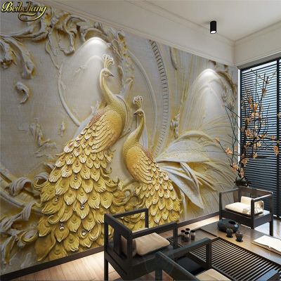 【✲High Quality✲】 shang815558 Beibehang วอลล์เปเปอร์ฝาผนัง3 D ภาพจิตรกรรมฝาผนังกระดาษวอลล์รูปภาพที่กำหนดเอง Relief 3มิติกำแพงฉากหลังนกยูงสีทอง Papel De Parede