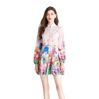 Womens Dress 2024 Spring and Autumn Palace Style Lantern Sleeve Printed Floral Cinched Short Pink Dress