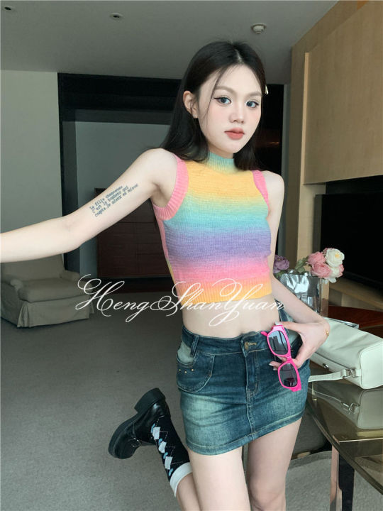 hengshanyuan-เสื้อกั๊กชุดเด็กผู้หญิงโดพามีนสำหรับผู้หญิง-เสื้อแขนกุดสั้นสไตล์เกาหลีไล่ระดับสี