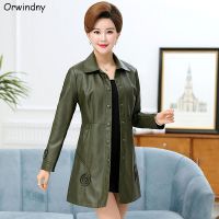 [COD] Orwindny Leather Trench 5XL Mother Coat Outerwear Pockets Overcoat