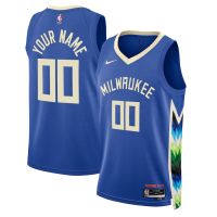 เสื้อเจอร์ซีย์ของแท้กดร้อน2022-23บุรุษ Milwaukee Bucks Giannis Antetokounmpo Blue Swingman Jersey - City Edition