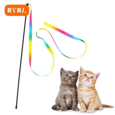 Rainbow Cat Teaser Stick ของเล่นสองด้าน Rainbow Ribbon Cat-Teaser Sticks Cat Interactive ของเล่นในครัวเรือน Supplies