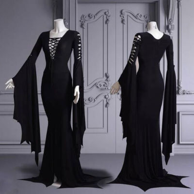 ชุดเดรสยาวสีดำชุดฮาโลวีนย้อนยุคเข้ารูปพอดียาวของผู้หญิงเสื้อผ้าคอสเพลย์สำหรับชุดงานปาร์ตี้วันหยุด