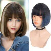 Synthetic short straight black and blue two-tone wig headsets high quality heat-resistant wigs for female cosplay Wig  Hair Extensions Pads