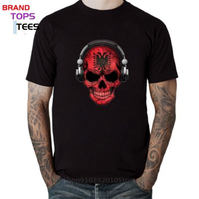 Dark Skull Deejay With Albanian Flag T Shirt Men Funny Albania Dj Skeleton 3D Graphic Print T-Shirt Boho Creative Tops