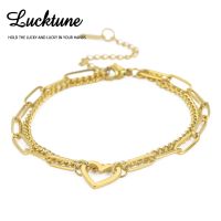 Lucktune Heart Charms Bracelets Stainless Steel Love Layered Chain Bracelet for Women Trendy Couple Jewelry Party Christmas Gift