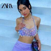 Zara ใหม่ สไตล์ผู้หญิง เซ็กซี่ ผ้ากอซ สายคล้องคอ เย็บ หยดน้ํา ตกแต่ง สลิงขนาดเล็ก vbs