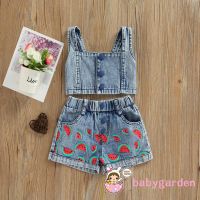 Babygarden-1-6 ปี ชุดเดมิน เด็กผู้หญิง แขนกุด กระดุมกว้าง เสื้อกล้ามยางยืด + กางเกงขาสั้น พิมพ์ลายแตงโม ชุดเรียบง่าย