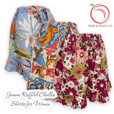 กางเกงขาสั้นสำหรับผู้หญิงกางเกงขาสั้นสำหรับผู้หญิงกางเกงขาสั้นเอวสูงสำหรับผู้หญิงกางเกงขาสั้นสำหรับผู้หญิง Pambahay สำหรับผู้หญิงสีพีช: Jammi 2พิมพ์ระบาย Bahay Challis กางเกงขาสั้นสำหรับผู้หญิงกางเกงขาสั้นลายดอกไม้ Pamay