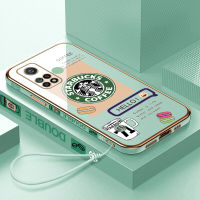 เคสโทรศัพท์มือถือสำหรับ Xiaomi Mi 10T Pro/ 10T พร้อมสายคล้องฟรี + โลโก้ Starbucks แฟชั่นกรอบสี่เหลี่ยมฝาหลังชุบโลหะ