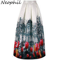 Neophil 2022 Retro Building Pleated Flower Print Maxi Long Women Skirts Muslim 100cm High Waist Ball Gown Saia Longa Jupe MS1018