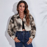 Elegant Jacket Women Checkerboard Ze Snake Leopard Print Buttons Short Coat Turn-Down Collar Long Sleeve Shirt Jacket