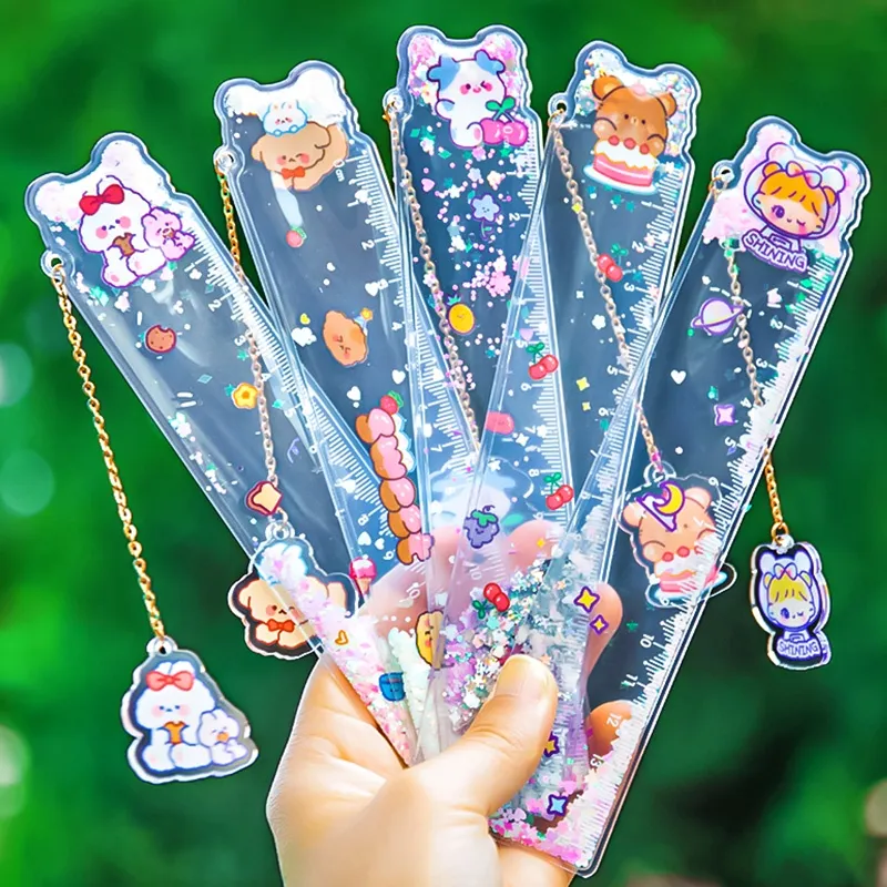 1/5pcs Quicksand Bookmark Ruler Cute Laser Girl Ruler Creative  Multi-functional Student Stationery Scale