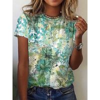 2023 NEWWomen S Short Sleeve T-Shirt With Round Collar Floral Print Summer