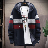 Autumn New Hooded Mens Sweater Thickened Plus Velvet Mens Slim Cardigan Knitted Sweater Patchwork Jacket Male M-3XL