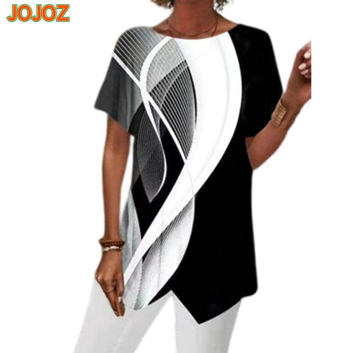 jojoz-เสื้อยืดผู้หญิงขนาดใหญ่พิเศษเสื้อสวมหัวทรงหลวมลำลองพิมพ์ลายเรขาคณิตฤดูร้อนแขนสั้นเสื้อดีไซน์ใหม่