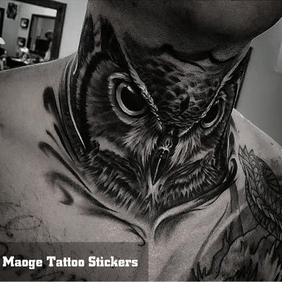 【YF】 Black Owl Temporary Tattoo Sticker Waterproof Lasting Hand-Painted Hand Back Neck Fake Big Personality Men