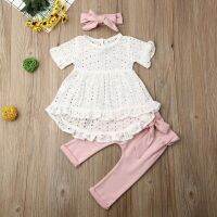 0-24M Baby Girl Clothes Girls LaceShort Sleeve Top Kid T-Shirt Pants Trousers Headband Set Newborn Bowknote Pants Outfit 3Pcs  by Hs2023