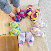 2021 Women Faux Fur Slippers Slides Plush Fleece Winter Warm Home Indoor Outdoor Shoes Colorful Cross Fulffy Furry Slippers Flat