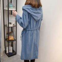 Spring and autumn denim jacket fat MM was thin wild mid-length denim hooded windbreaker jacket