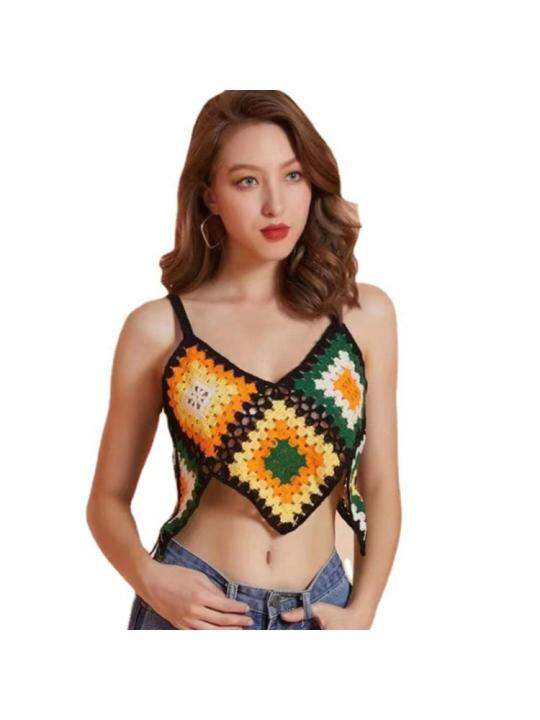 ผู้หญิง-boho-โครเชต์ถักแขนกุด-camisole-multicolor-rhombus-ลายสก๊อตเซ็กซี่-v-คอ-crop-top-ไม่สม่ำเสมอ-hem-slim-beach-vest