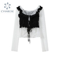 Summer y Womens Blouse White Hollow Out Mesh Black Ruffle Lace Up Draped Vest 2022 Summer Vintage Casual Korean Shirt Female