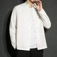 、’】【= Chinese Mens Plate Button Zipper Casual Long-Sleeved Shirt Large Size Cotton Linen Jacket Harajuku Retro Bottoming Shirt Blouse