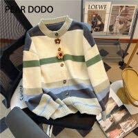 PEAR DODO เสื้อสเวตเตอร์เสื้อคาร์ดิแกนแบบถักขี้เกียจแนววินเทจสำหรับผู้หญิงคอกลมเกาหลี