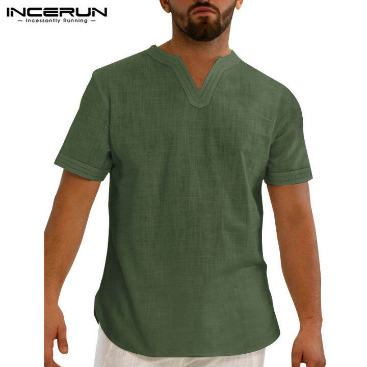 Incerun Mens Short Sleeve V Neck Cotton Linen T Shirts Casual Henley