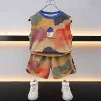 Childrens Summer Tie-Dyed Sleeveless Suit 2023 Summer New Boys Western Style Fried Street Head Figure Printing T-Shirt