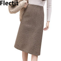 Flectit Fall Winter Warm Wool Houndstooth High Waist Pencil Midi Skirt Slim Knee Length Back Split Work Skirt Plus Size S- XXL