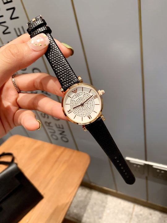 armani-นาฬิกาผู้หญิงหรูหราน้ำหนักเบา-นาฬิกาสายหนังนาฬิกาควอตซ์หน้าปัดกลม2022