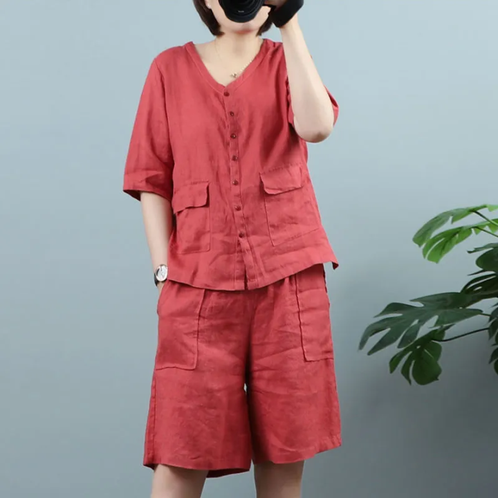 Summer Set Women Sets Thin Short Sleeve Shirt Shorts Set Women 2