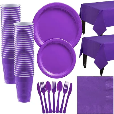 Purple Color Party Supplies Disposable Tableware Set Cups Plates Napkins Kids Happy Birthday Party Decor For Anniversaire Favors