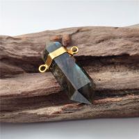 FUWO Natural Labradorite Double Point Pendant,Handmade Faceted Energy Stone Necklace Accessories For Jewelry Making PD455 5Pcs