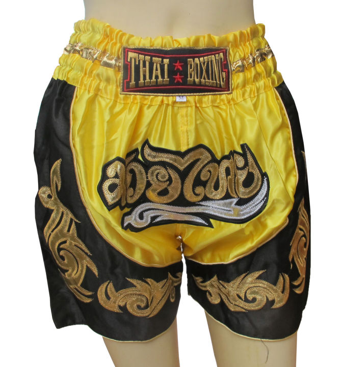 กางเกงมวยไทย-ชุดสวย-แบบสองสี-เหลืองดำ-asian-thai-cool-thai-boxing-2-tone-boxer-waist-24-28-inches-size-m-yellow-black