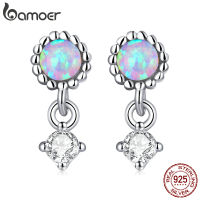 Bamoer Real 925 Sterling Silver Simple Opal Stud Earrings for Women Cubic Zirconia Pendant Drop Earrings Fine Jewelry Gift