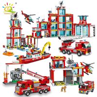 HUIQIBAO City Fire Station Model Building Blocks Boys Firefighter Car Truck Educational Construction Bricks Toys For Children Building Sets