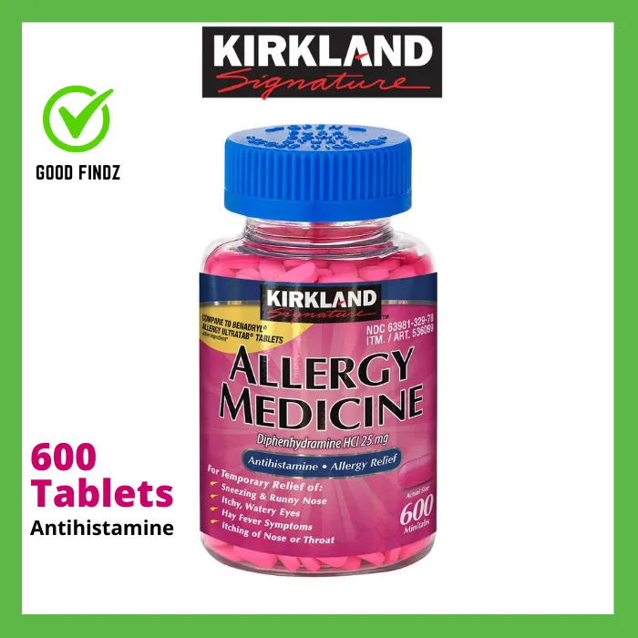 Kirkland Signature Allergy Medicine 25 mg 600 mini Tablets similar to Benadryl Antihistamine 600
