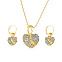 Romantic Heart Gold Zircon Jewelry Set Dangle Earrings Necklace Christmas Valentines Day Gift for Wedding Women