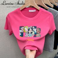 LAREINE เสื้อยืดผ้าฝ้ายคอกลมแขนสั้นพิมพ์ลายสัตว์,เสื้อผู้หญิง